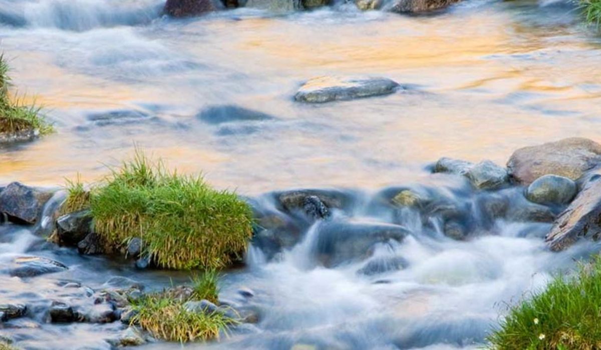 Fluss, indem Steine das Wasser an einer Stelle anstauen.